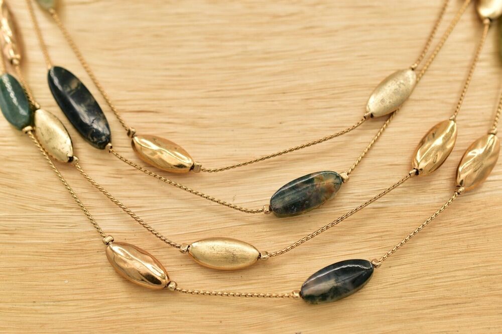 Monet Vintage Multi-Chain Necklace Gold Tone Green Stone Signed 1990s BinBC